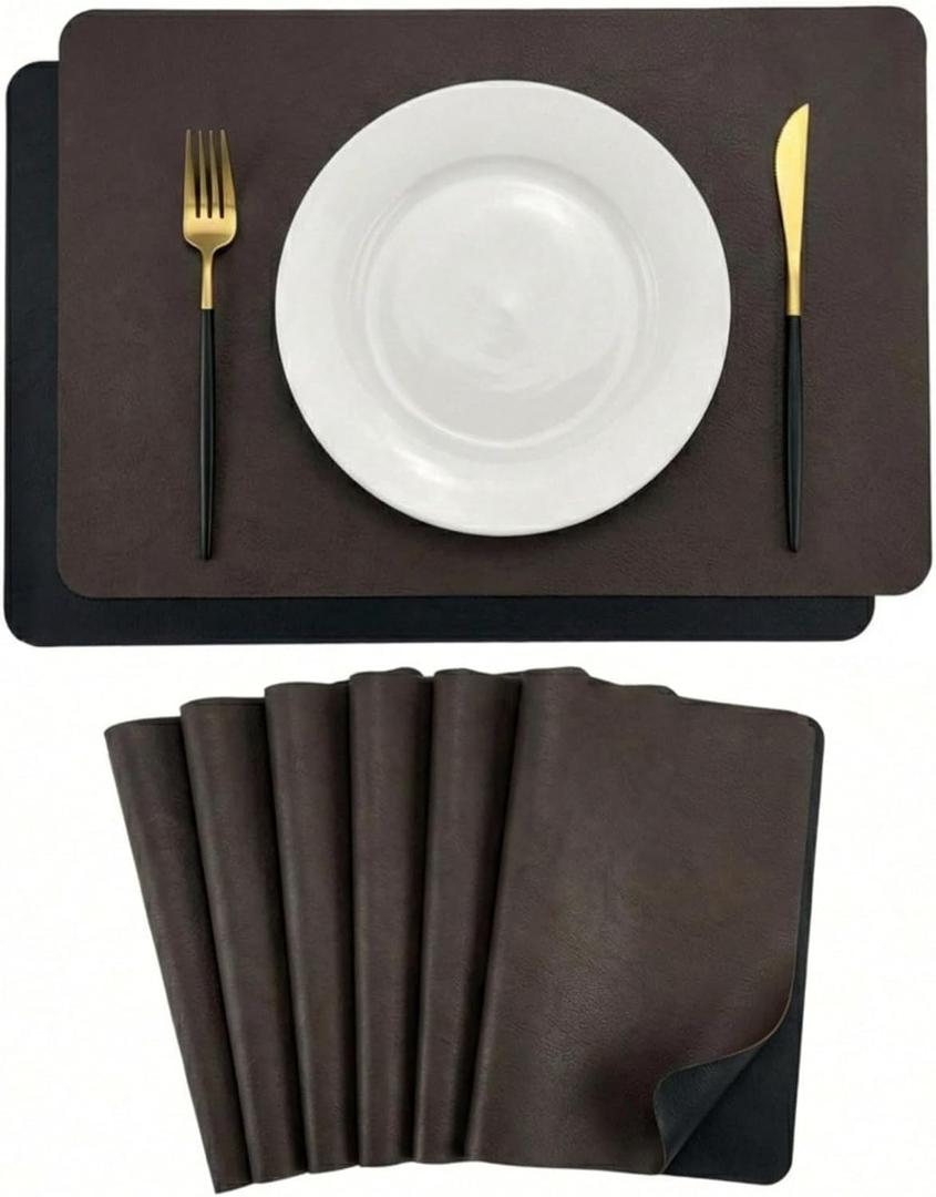 Faux Leather Placemats Set of 6, Black & Dark Brown
