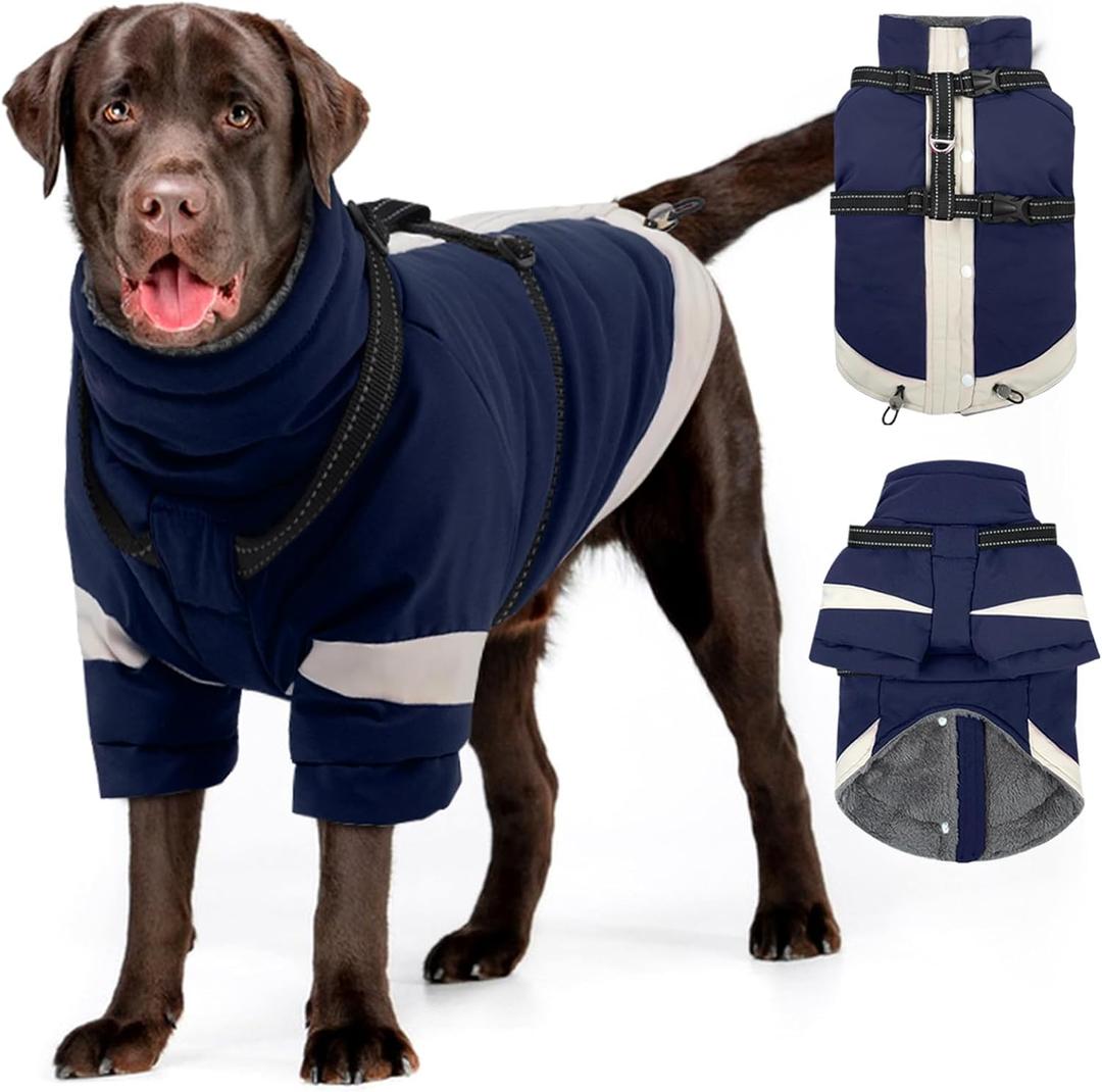 MIGOHI Dog Coat with Harness Built in, 2-in-1 Water-Resistant Dog Jacket, Reflective Snowsuit for Large Dogs, Fleece Lined with Turtleneck, Adjustable Buckle Coats, Border Collies, Navy Blue, XL