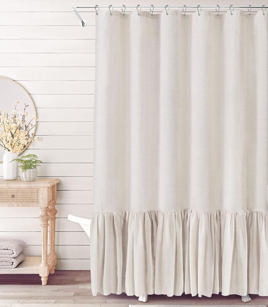 Extra Long Shower Curtain 96 Inch Length Farmhouse Cream Shower Curtain with A Ruffle Hem Linen Blend Shower Curtain for Bathroom Natural Beige (72"W x 96"L)
