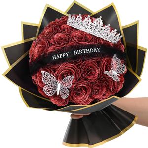 Waipfaru Glitter Roses Bouquet, Birthday Gifts for Women Mom, DIY Fake Flowers Bouquet with Birthday Stand-Up Signs, 36 Red Rose for Grandma Wife Friends