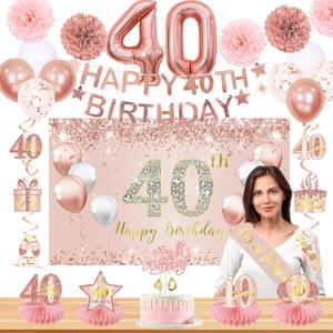 Trgowaul 40th Birthday Decorations - Rose Gold Party Supplies, 28pcs Including Backdrop, Hanging Swirl Flag, Balloons & More