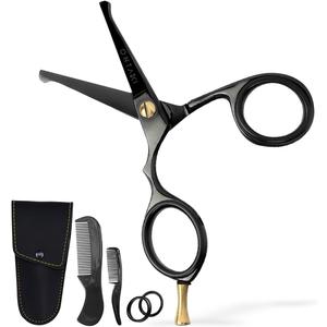 Ontaki 4.2" Japanese Steel Rounded-Tip Scissors for Beard - Mustache, Nose, Ear & Hair  Ergonomic Bent Handles - Hand-Forged Men's Grooming Scissors (Black 4.2") - Beard Grooming Kit