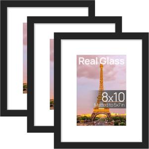 upsimples 8x10 Picture Frame Set of 3, Made of High Definition Glass for 5x7 with Mat or 8x10 Without Mat, Wall Mounting Photo Frames, Black