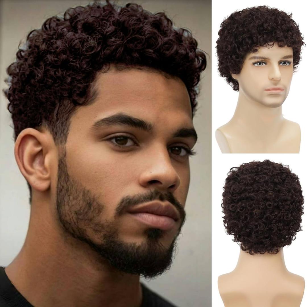 Afro Curly Dark Brown Wig for Men Short Synthetic Halloween Cosplay Costume Replacement Hair Wigs