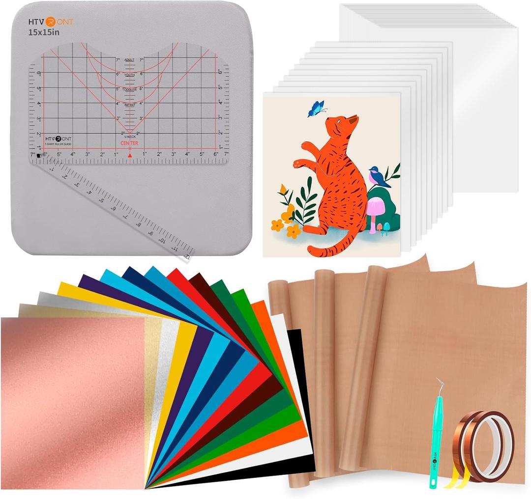 HTVRONT Heat Press Accessories - 55 Pack Supplies for 15x15 Machine, T-Shirt Heat Press Starter Kit with Vinyl & Sublimation Bundle, Tools & Mat