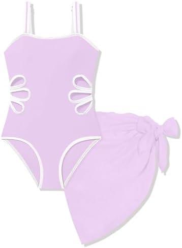 Klyatpxoen 13-14 Years Girls Swimsuit 2PCS Adjustable Straps Cut Out One Piece Bathing Suit with Solid Color Cover Up Skirt