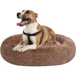 Coohom Oval Calming Donut Cuddler Dog Bed, Shag Faux Fur Cat Bed Washable Round Pillow Pet Bed(30"/36"/43") for Small Medium Dogs (XXL(43"x34"x8"), Camel)