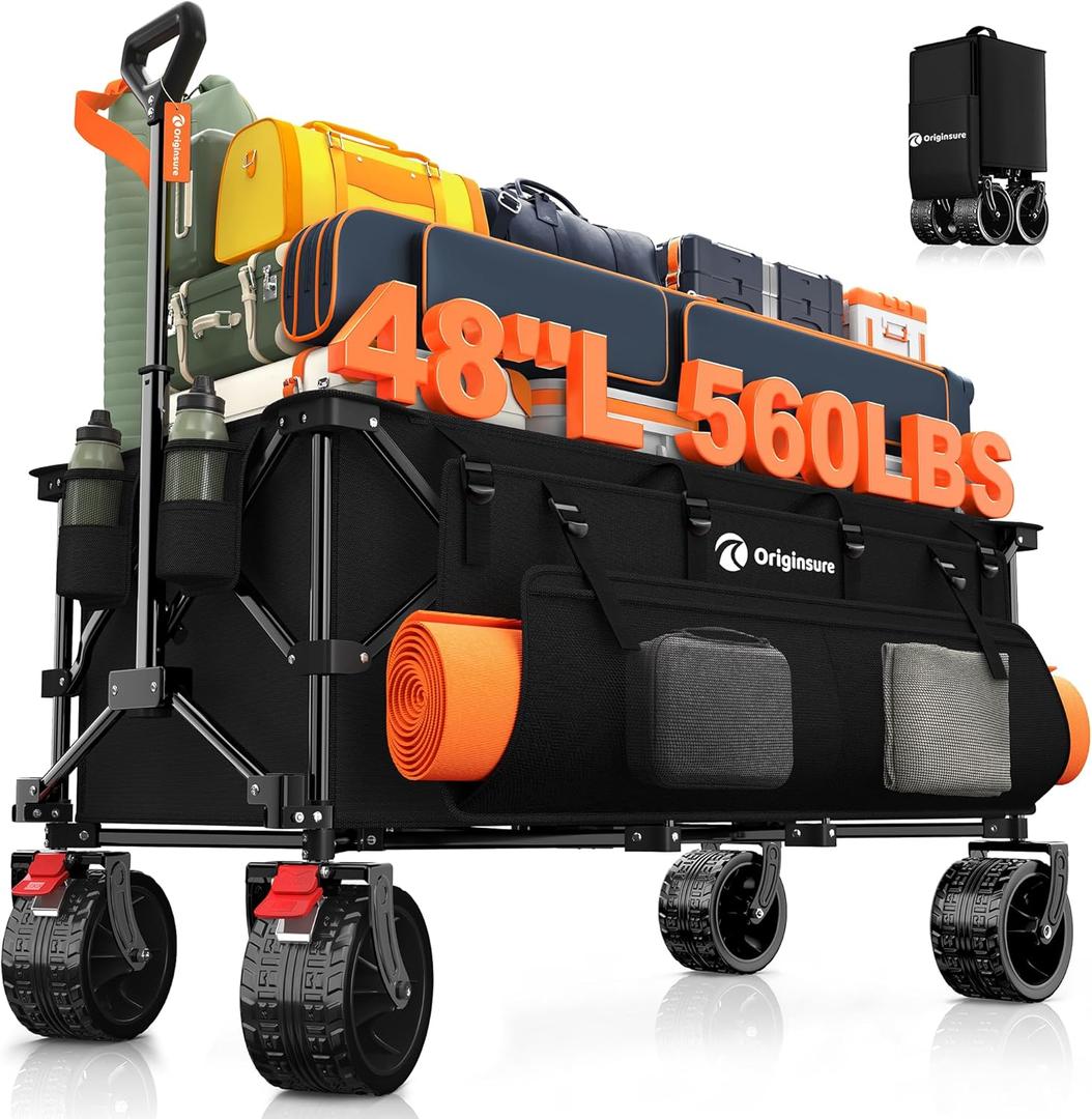 48" L Folding Beach Wagon Cart Foldable, 560lbs Weight Capacity 300L Heavy Duty Collapsible Wagons with Big All-Terrain Wheels, Utility Carts for Groceries, Shopping, Camping, Sports - Black