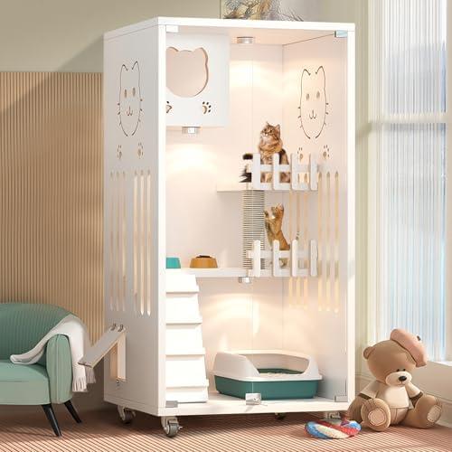 Wooden Cat House Large Space, Enclosed Cats Condo, Indoor/Outdoor Cat Enclosure with Wheels, Multi-Feature Luxury Cat Villa for Cats Ventilation Glass Doors,50" X 24" X 24" (White, 50" X 24" X 24")