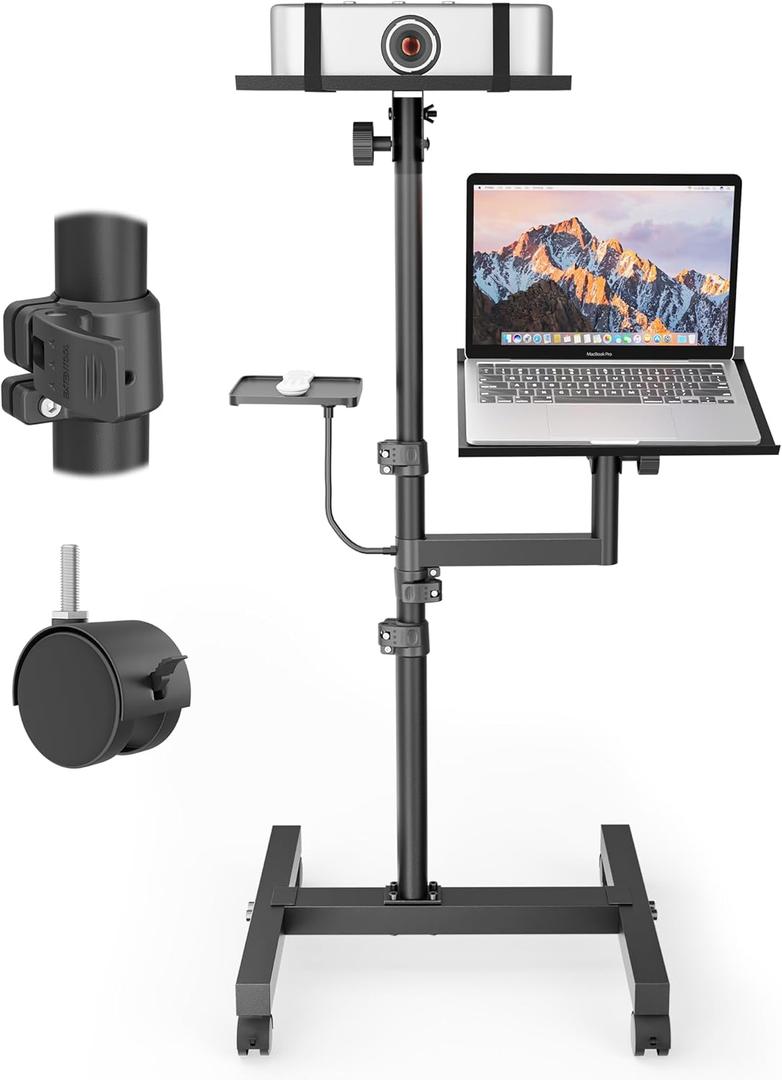 2 Shelves Mobile Projector Stand, Rolling Laptop Stand Adjustable Height to 47 Inches, Podium Stands with Ventilated Tray, Heavy Duty, Laptop Floor Stand for Office, Home, Stage, DJ