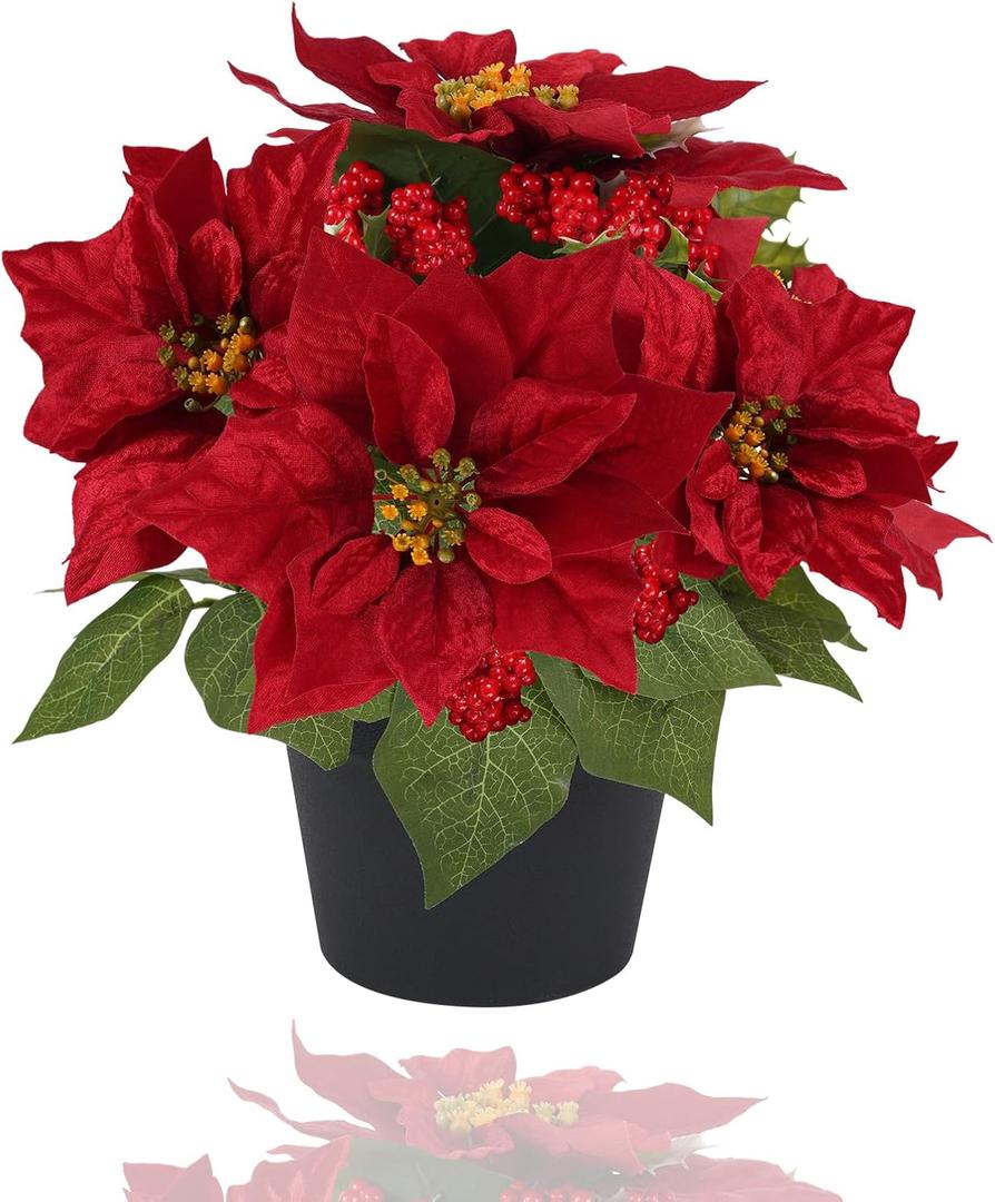 Fake Poinsettia Plants with Red Berry 14 Inch Poinsettias Artificial Christmas Flowers in Pot for Home Porch Garden Office Indoor Outdoor Christmas Decorations (Red)