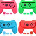 FASTSNAIL 4 Pack Grips Kit Compatible with Nintendo Switch for Joy Con, Wear-Resistant Grip Controller for Joy con & OLED Model with 12 Thumb Grip (Green, Pink, Blue, Red)