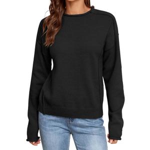 ZAFUL Women's Mock Neck Sweater Long Sleeve Ribbed Knit Basic Cropped Pullover Sweater (Black, L)
