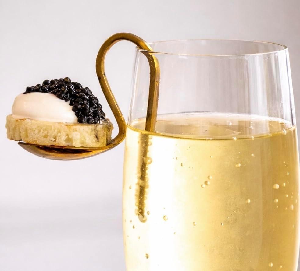 FlutespoonTM Gold Appetizer Spoon Rim Hanging Amuse Bouche Spoon for Champagne Glass Stainless Steel Cocktail Bite Spoon Set of 2