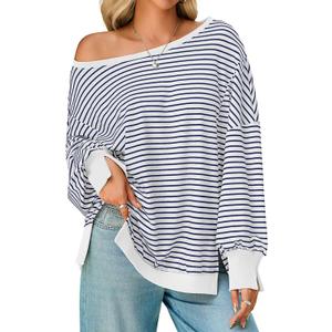Tankaneo Womens Striped Oversized Sweatshirt Off The Shoulder Lantern Long Sleeve Top Split Fall Trendy Pullover 2025, S
