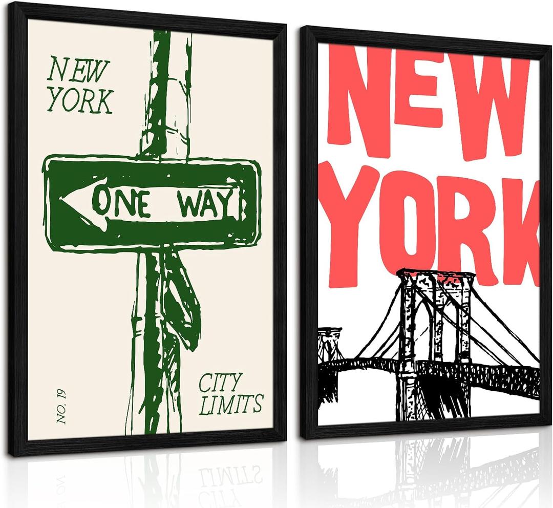 New York City Wall Art Nyc Canvas Wall Decor Vintage New York Pictures Poster Trendy Minimalist Wall Art Retro Prints New York City Painting Modern Artwork for Living Room 16x24 Inch Framed Set of 2