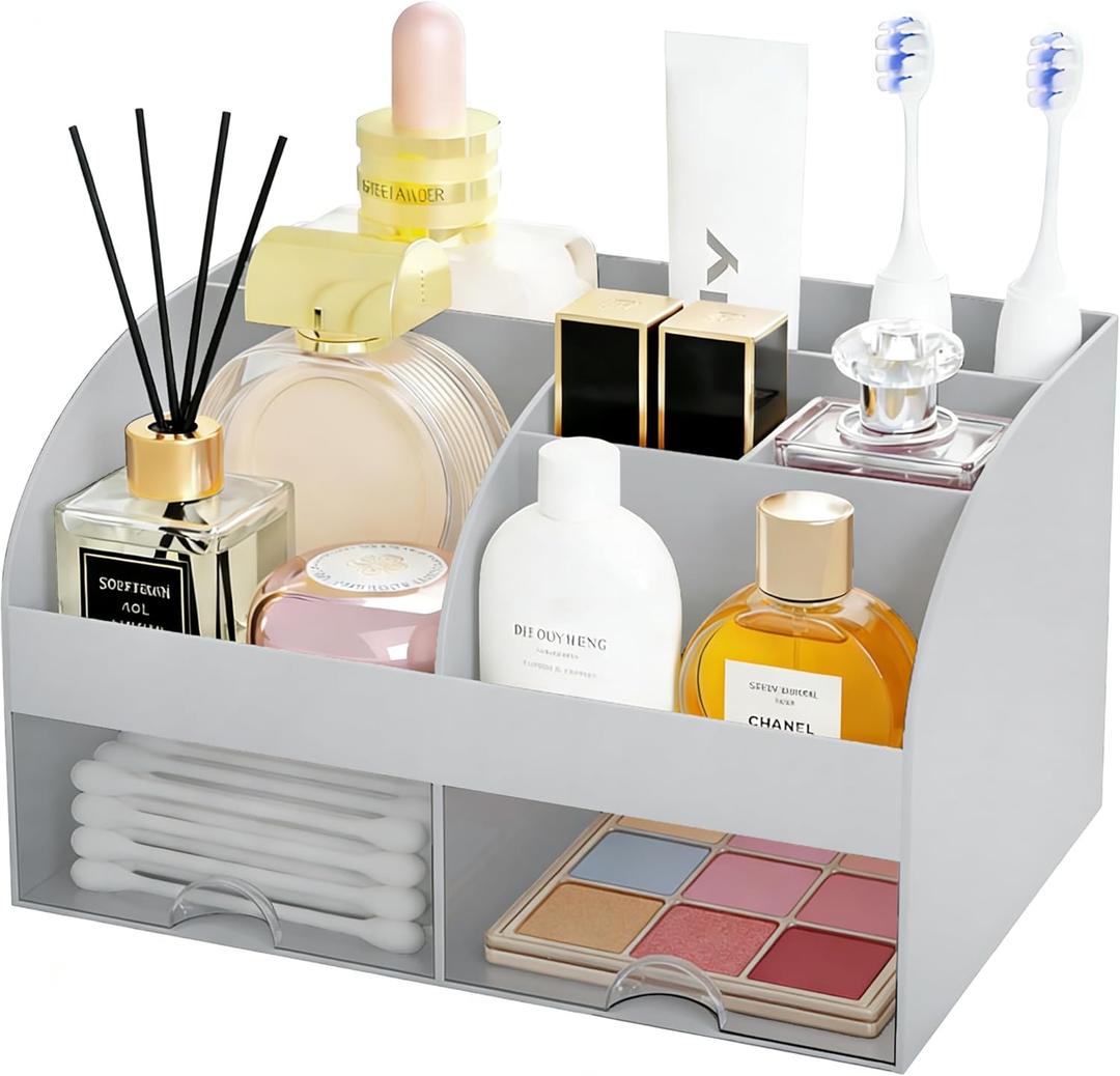 Makeup Organizer with 2 Drawers, Cosmetic Storage for Dresser Vanity and Bathroom Countertop,Make up organization and Skincare Storage with Beauty Brush Holder, Cosmetic Display Case (Grey)