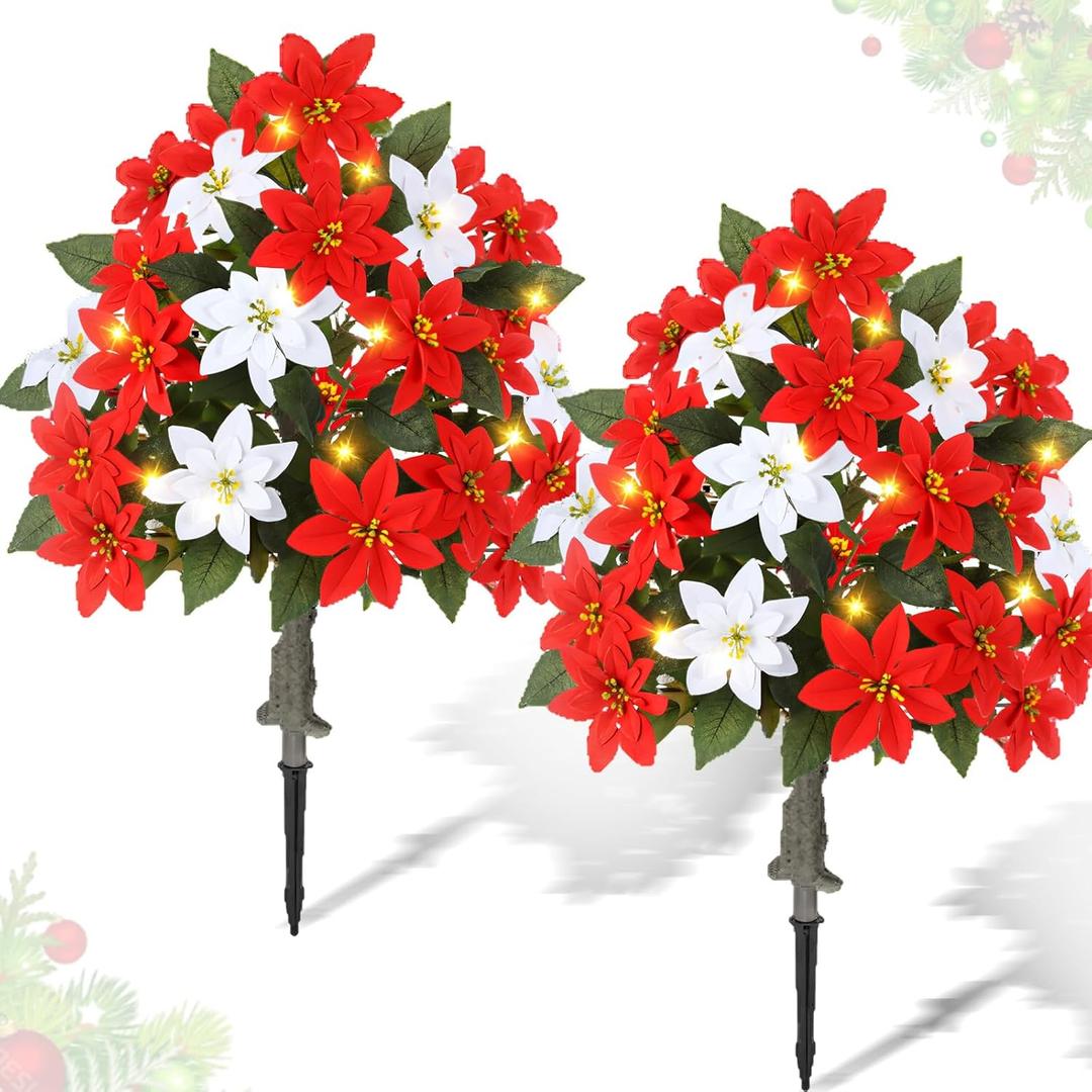 2 Pack 3ft Christmas Artificial Poinsettia Flowers Urn Filler Outdoor Prelit Topiary Trees Large Lighted Poinsettias Faux Poinsettia Trees with LED Lights Stake for Porch Yard (Red,White)