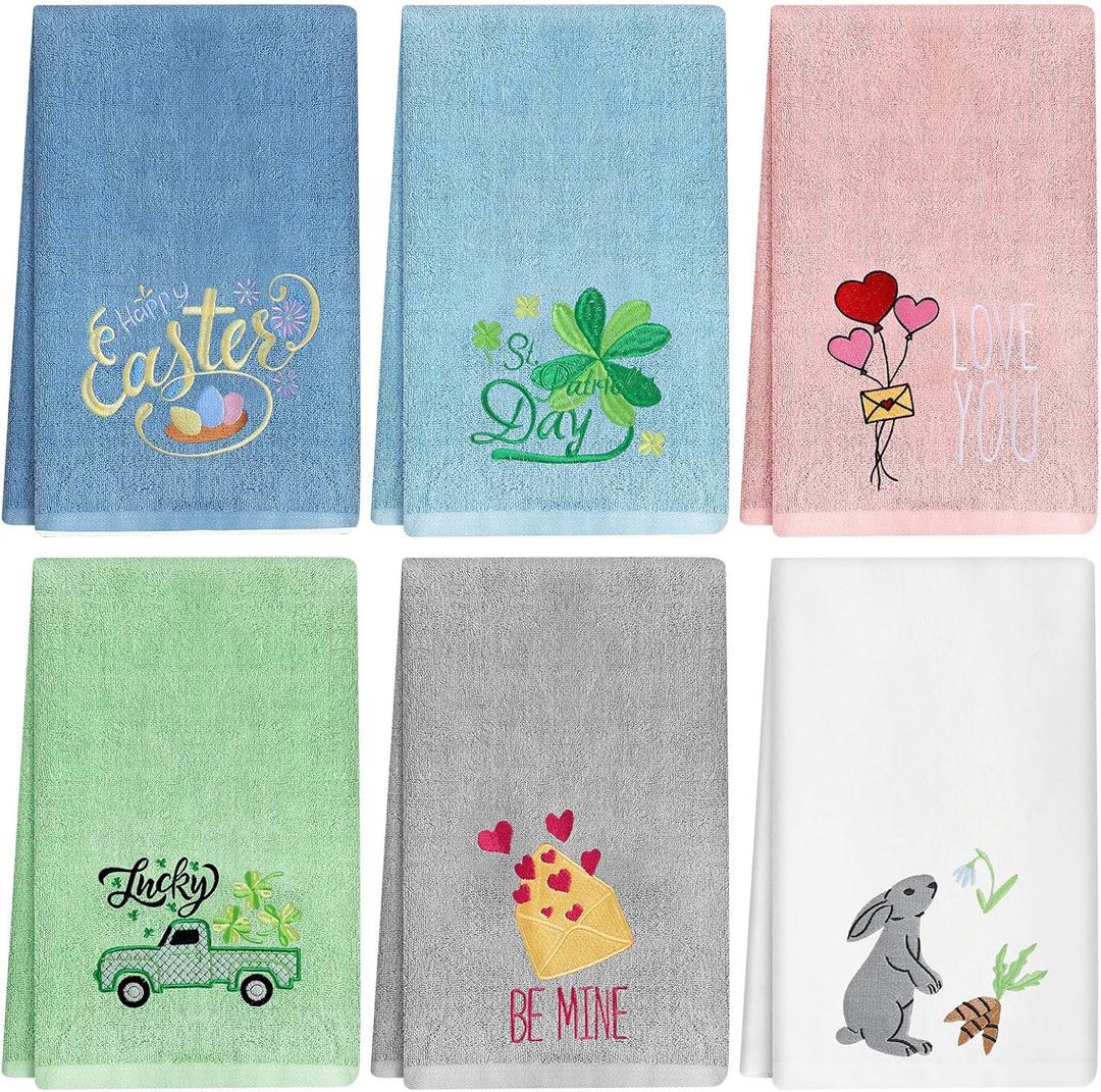 6 Pcs Valentine's Day Hand Towels for Bathroom 13.8 x 29.5'' Holiday Decorative Bath Towels Set Cotton Embroidered Heart Letter Car Egg Clover Rabbit Easter Gift Set
