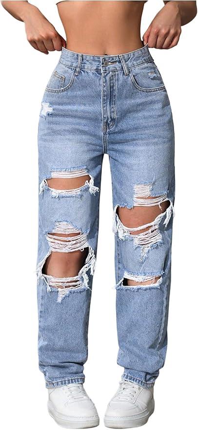 Women's High Waisted Distressed Jeans Straight Leg Casual Ripped Denim Pants
light wash, 39in Height, 16in Waist width