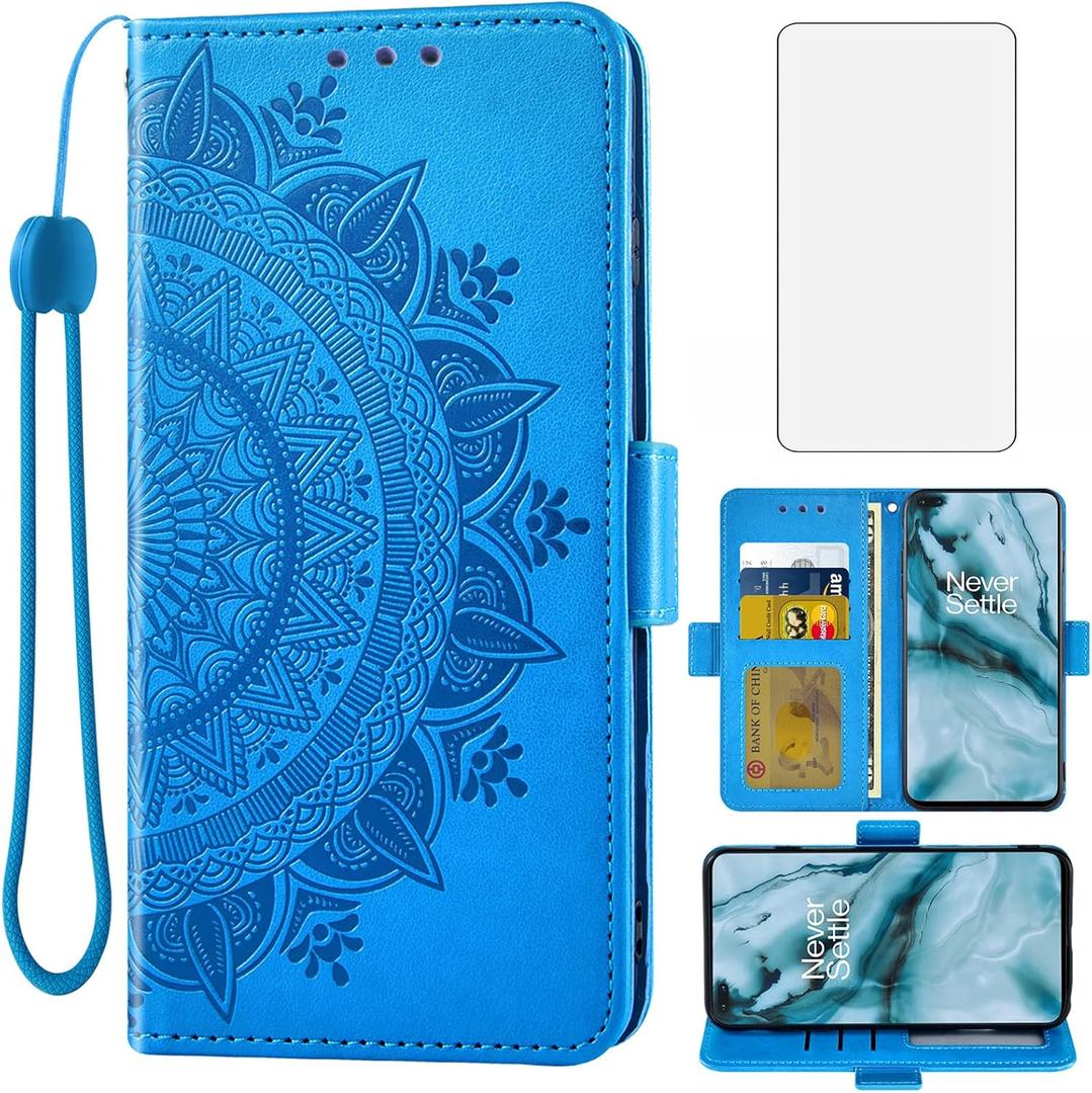 Asuwish Compatible with OnePlus Nord Wallet Case Tempered Glass Screen Protector Credit Card Holder Flip Wrist Strap Stand Cell Phone Cover for One Plus On 1 Plus 1plus One+ 1+ 1+Nord Men Blue