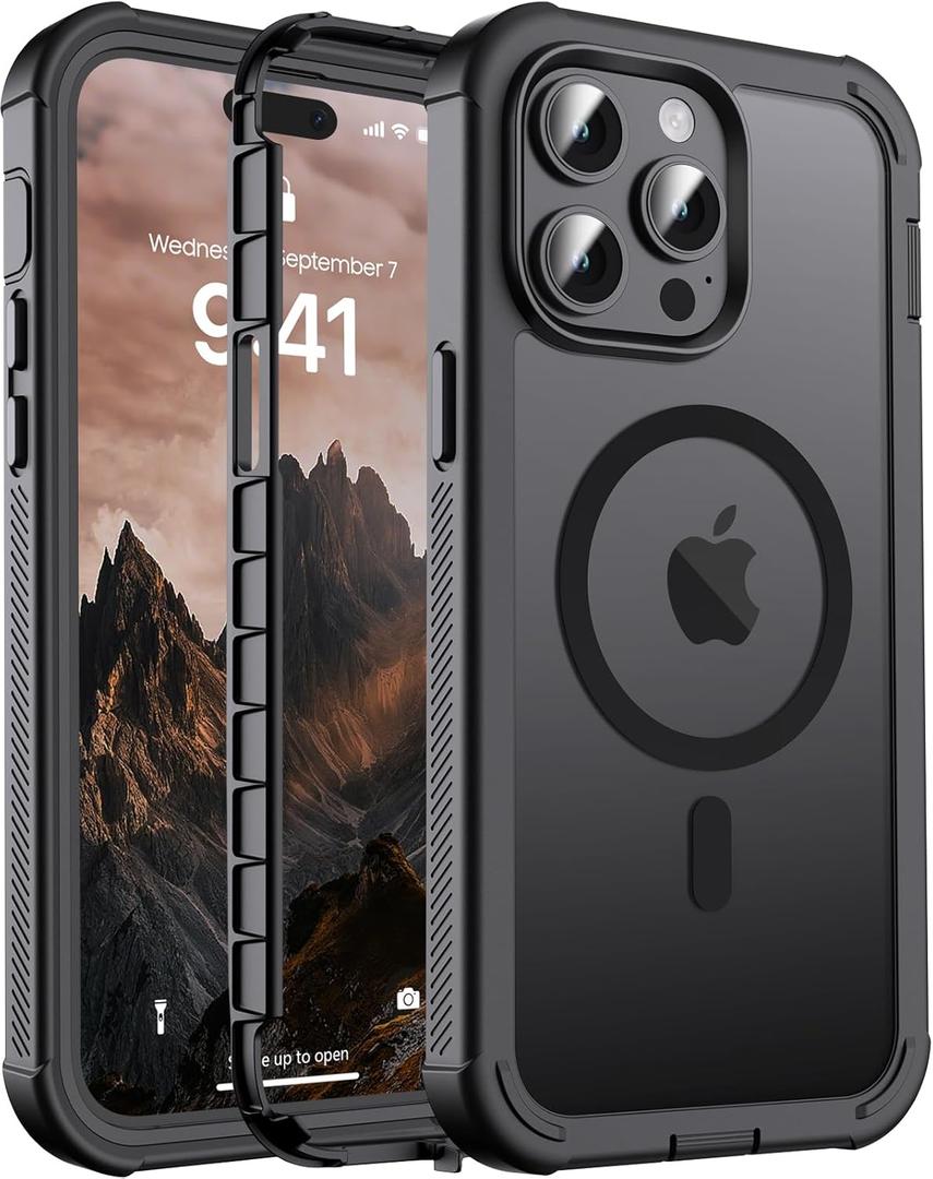 Magnetic for iPhone 14 Pro Max Case, [Compatible with MagSafe][Military Grade Drop Protection][Heavy Duty Protection][Non-Slip][Shockproof] 2-Layer Durable Bumper Phone Case 6.7''-Black