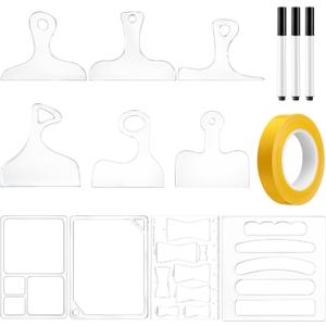 Fuyoooo 14 Pcs Router Templates for Woodworking, 6 Acrylic Charcuterie Board Handle Guides, Bowtie Inlay & 2 Tray Edge Templates, Angled Curvy Tracing Stencils Cut Guide Tools with Tape and Pens