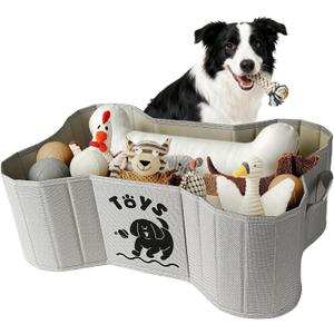 39L Dog Toy Basket, Collapsible Dog Bone Baskets for Toys, Dogs Storage Organizer with PU Handles, Pet Toys Basket with Bone Shape Design, Toy Baskets for Dogs, Gray, 22" x 14.4" x 7.5"