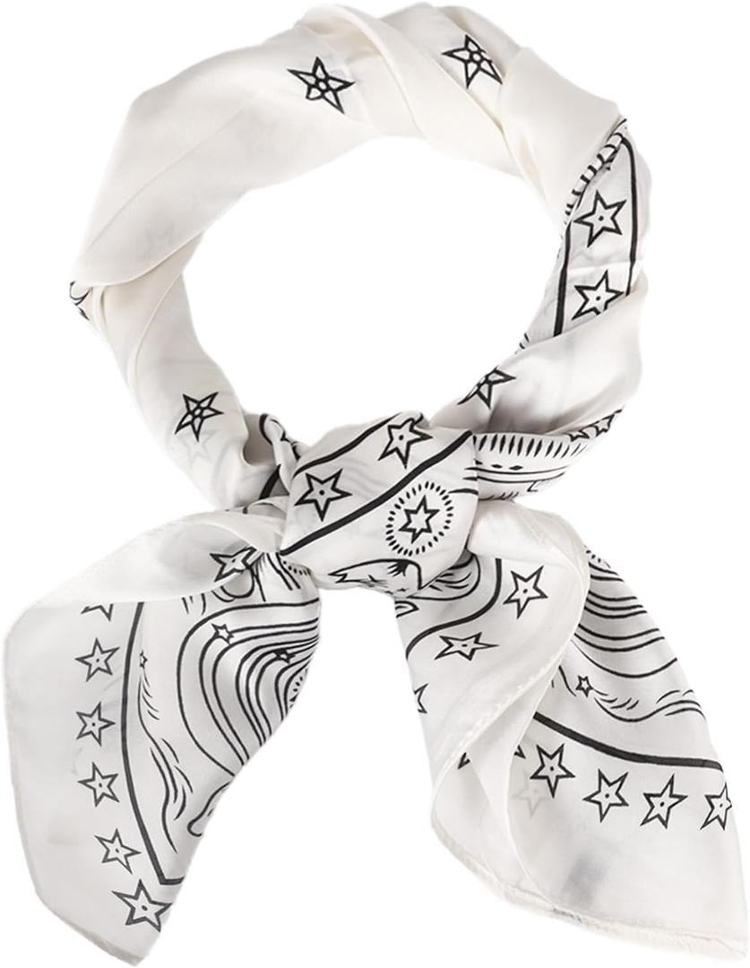 4 x Satin Head Scarf for Women Silky Neck Scarves Bandana Hair Sleeping Night Wrapping Silk Like Square Scarfs Headscarf (27.5 x 27.5 Inch, White Stars)