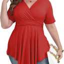 Gocolloa Plus Size Tops for Women Summer Short Sleeve V Neck Casual Shirts Dressy Pleated Wrap Tunic Top Blouses (Red)