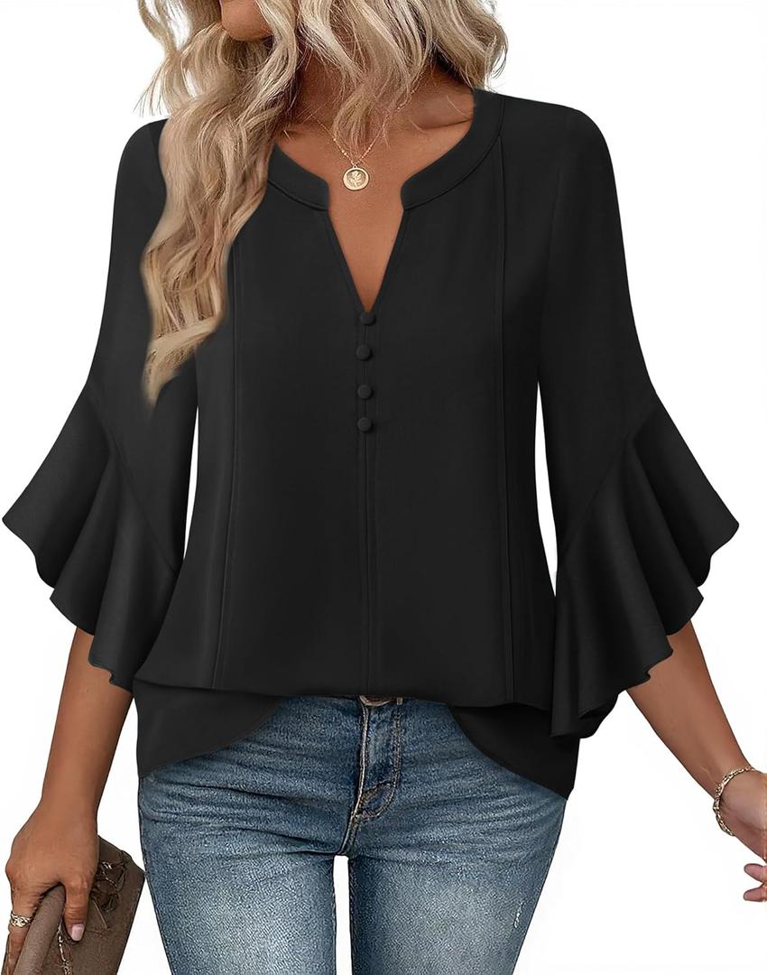 Bebonnie Womens Tops Dressy Casual Ruffle 3/4 Sleeve Henley V Neck Chiffon Blouses with Buttons (XX-Large, Black)