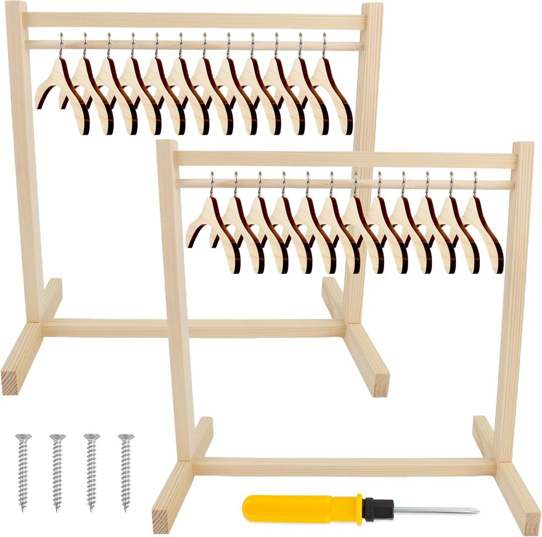 26 Pcs Wood Doll Garment Rack with Wooden Clothes Hanger Mini Wooden Girl Doll Clothes Hanger Organizer Storage Shelf for 18 Inch Girl Doll Clothes Baby Dollhouse (Color Set 1)