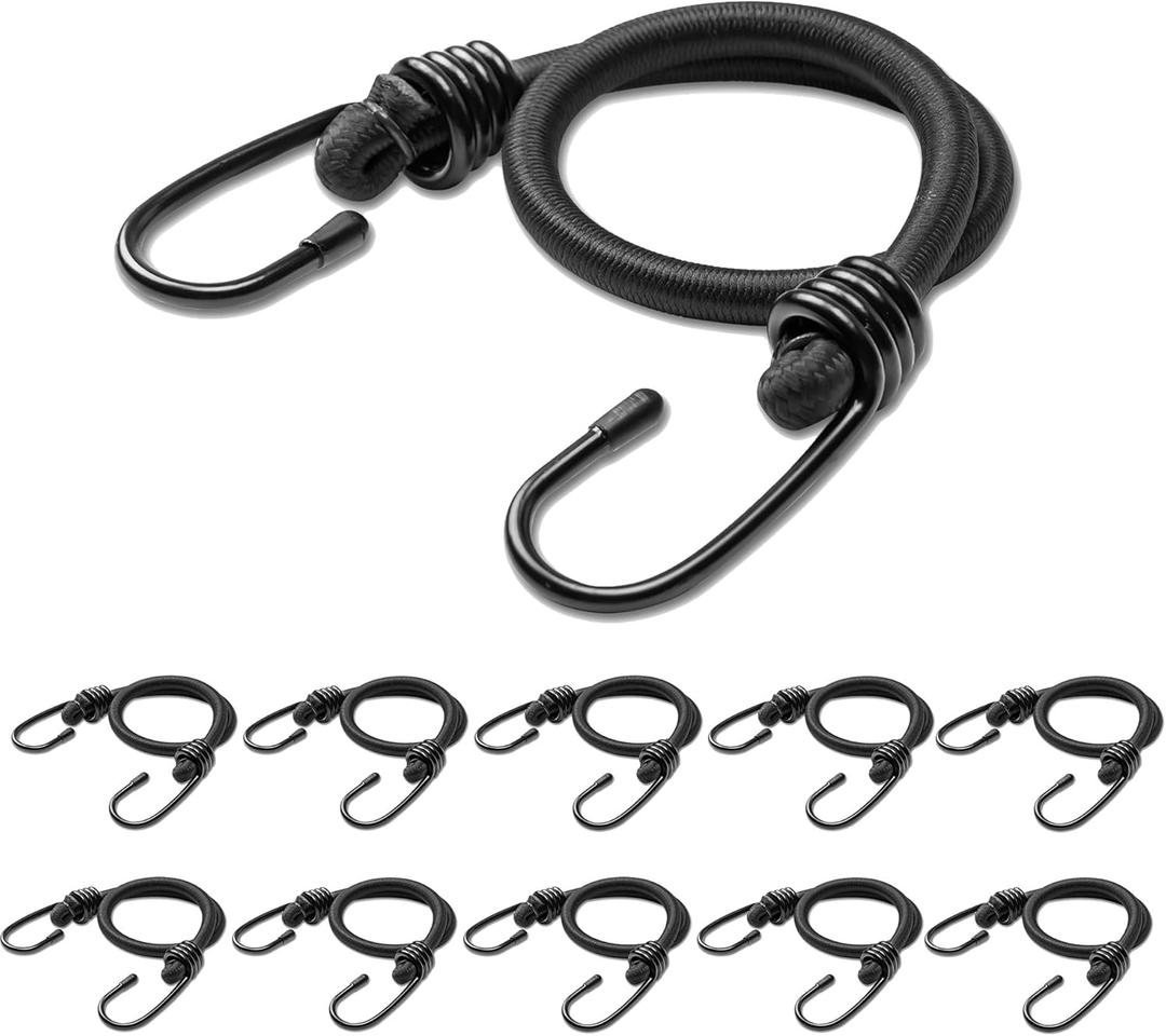 12inch Bungee Cords with Hooks,10Pcs Heavy Duty Extra Strong Outdoor Elastic Rope,Multi-Purpose Elastic Bungee Straps for Luggage, Camping, Tarps, Bike Rack, Outdoor Tent, Weatherproof, Black