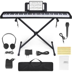 88 Key Piano Keyboard, Electric Digital Piano with Semi Weighted Keys, Keyboard Piano with Sustain Pedal, Power Supply, Stand, Carrying Case, Headphones, USB-MIDI Compatibility, for Beginner Adults