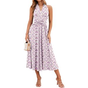 Sureple Women's V Neck Midi Dresses with Pockets Sleeveless Twist Waist Pleated Aline Flowy Beach Holiday Dresses (Pink, S)