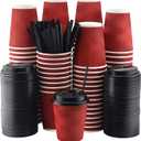 NYHI Pack of 100 10 oz Red Paper Cups with Black Lids Coffee Cups Disposable BPA Free Insulated Ripple Kraft Paper Cups To go Cups for Hot or Cold Drinks Office Home Canteen Party Travel