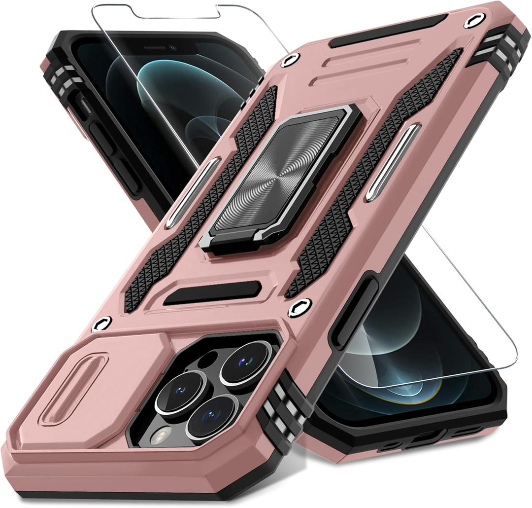DEERLAMN Case for iPhone 13 Pro Max with Slide Camera Cover+Screen Protector(1 Pack),Rotated Ring Kickstand Military Grade Shockproof Protective Cover 6.7 Inch-Rose Gold