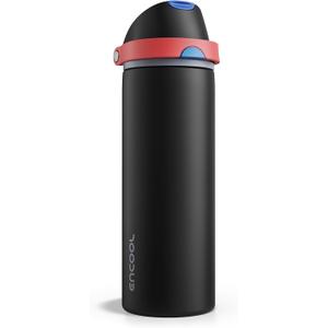 Insulated Water Bottle with Straw - Encool Stainless Steel Water Bottle with Push Button Lid, Leak-Proof & BPA-Free, Keeps Cold for 24 Hours for Sports, Travel, Gym (24 oz, Oil Black)