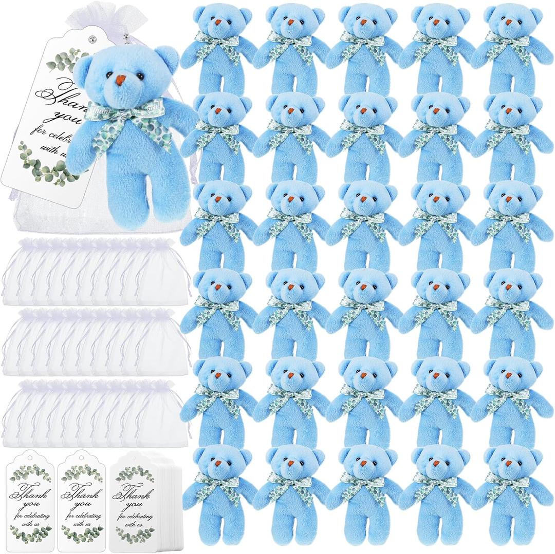 Wettarn 30 Sets Bear Baby Shower Favors Mini Bears Bulk Tiny Plush Animals 4.72 Inch Little Toys with Thank You Tags and Mesh Bags Small Stuffed Animals for DIY Keychain Birthday Decorations(Blue)