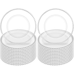 24 Pack Clear Charger Plates With Silver Beaded Rim - 13 Inch Plate Chargers for Dinner, Acrylic Decorative Plates, Transparent Decorative Dinner Charger Plates for Events & Parties (Silver)