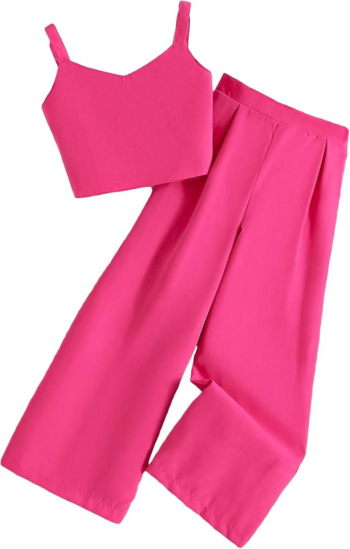 Verdusa Girl's 2 Piece Outfits V Neck Crop Cami Top and Wide Leg Pants Set (Hot Pink)