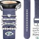 DaQin Flower Engraved Band Compatible with Samsung Galaxy Watch 7 Band/FE 6 5 4 40mm 44mm,Galaxy Active 2, 20mm Watch Band Soft Silicone Replacement Strap with Decorative Charms Accessories Women BlueGrayEye