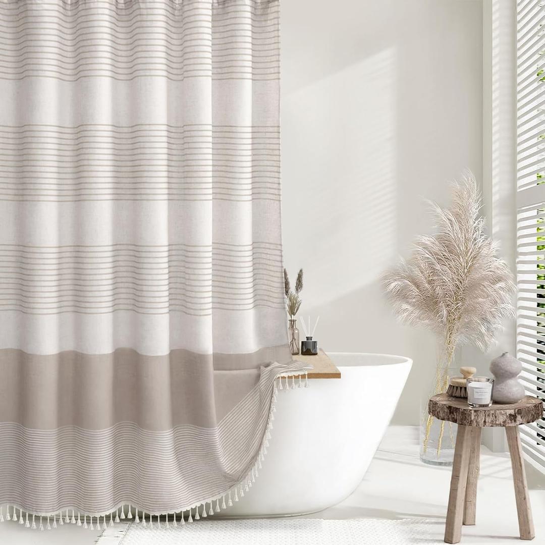 Awellife Farmhouse Taupe Shower Curtain for Bathroom Linen Texture Stripe Tassel Shower Curtain 72 X 72 Inches Neutral