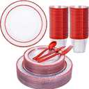 Ciaell 150 PCS Red Plastic Plates  Clear Hammered Disposable Plates with Red Rim include 50Plates, 25Forks, 25Knives, 25Spoons, 25Cups for Wedding & Party & Anniversary