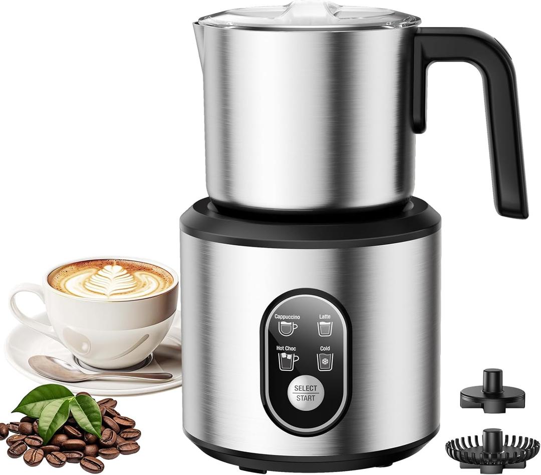 Milk Frother and Steamer, 4-in-1 Automatic Electric Milk Frothers, 24oz Detachable Stainless Steel Jug with Latte Art Spout, Hot & Cold Foam Maker for Coffee, Lattes, Cappuccinos