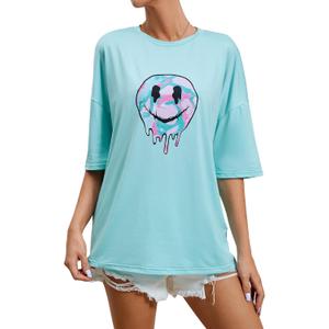 SOLY HUX Women's Graphic Oversized Tees Letter Print Summer Tops Vintage Half Sleeve Loose Casual T Shirts Light Blue Graphic X-Small (Green, XS)