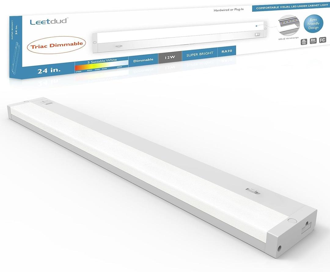 LED Under Cabinet Lighting Hardwired or Plug in, 24 Inch 12W, Dimmable 5 Color 2700K/3000K/3500K/4000K/5000K, Linkable Eyes Care Design Counter Lights for Kitchen, Sink, ETL Listed, White