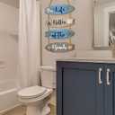 Wooden Surfboard Beach Decor Sign Beach Bathroom Decor Sign Summer Blue Nautical Coastal Wall Art with Seashells Starfish Rope Hanger Ocean Theme Hanging Ornament for Living Room Bedroom