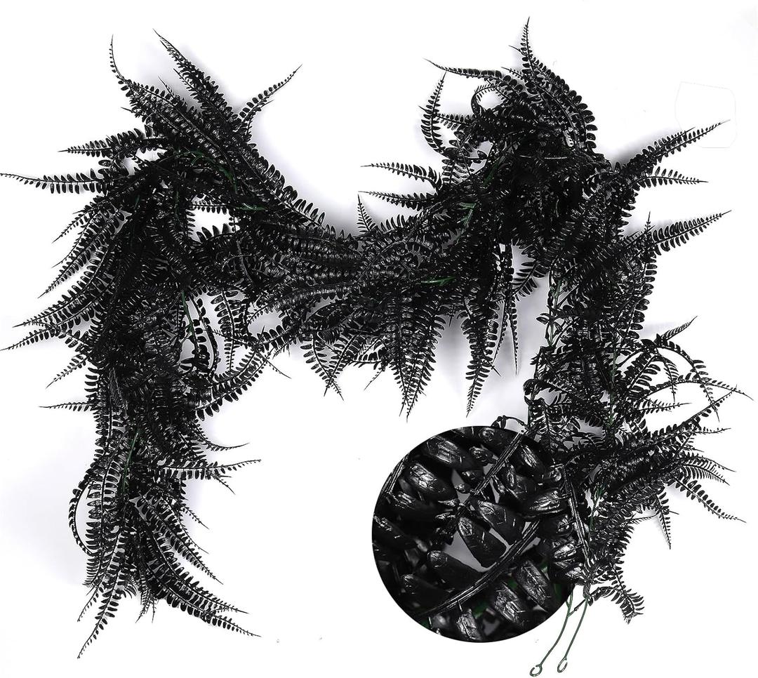 RECUTMS 2pcs Black Garland Artificial Hanging Plants 6 FT Boston Black Faux Ferns Garland Halloween Thanksgiving Party Outdoor Indoor Decor for Home