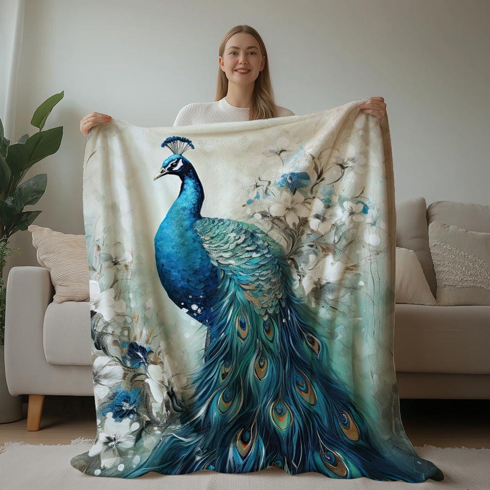 Peacock Throw Blanket Peacock Themed Decor Animal Print Blanket King Size Soft Warm Flannel for Sofa Bed (50 in x 60 in)